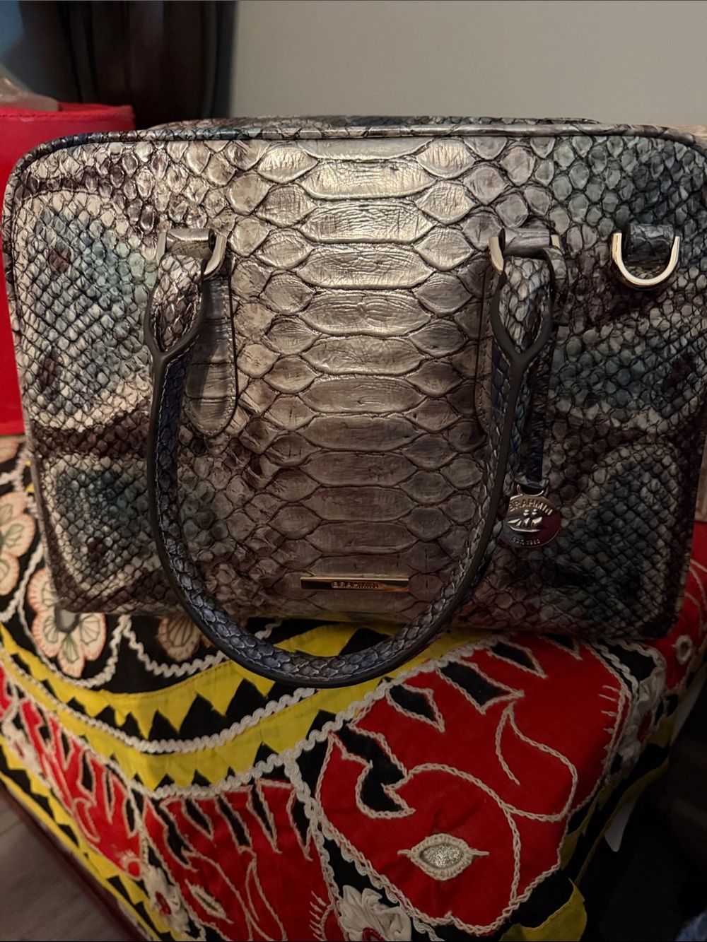 Brahmin Gray Python-Embossed Marissa Satchel/crossbody